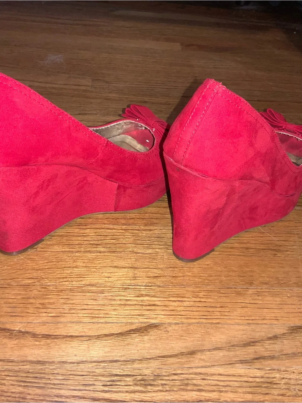 Material Girl Red Suede Peep-Toe Wedge Heels with Front Bow